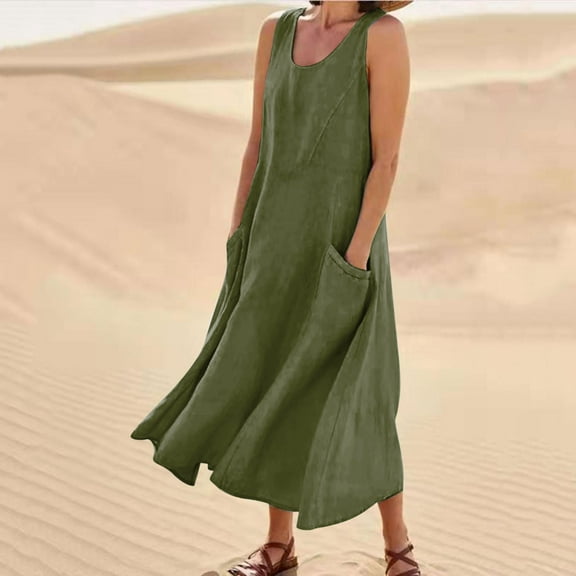 Xixinqiwan Summer Dresses for Women,Women's Solid Colour Sleeveless Cotton Linen Long Dress Army Green L