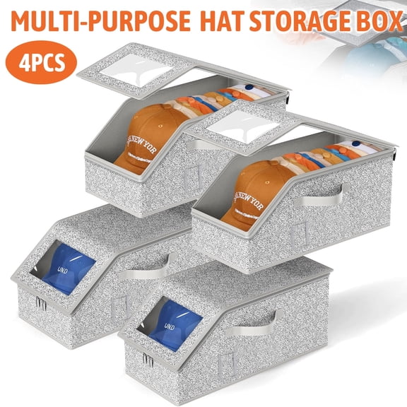 ASKITO 4Pcs Stackable Hat Storage for Baseball Caps, Holds up to 48 Caps Hat Organizer with Clear Window Lid for Closet, Multi-purpose Storage Boxes, Grey