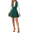 thumbnail image 1 of Vestidos con cuello de lazo para mujeres, vestido vintage de los años 60 de manga larga en color contrastante, talla XL, verde oscuro, 1 of 6