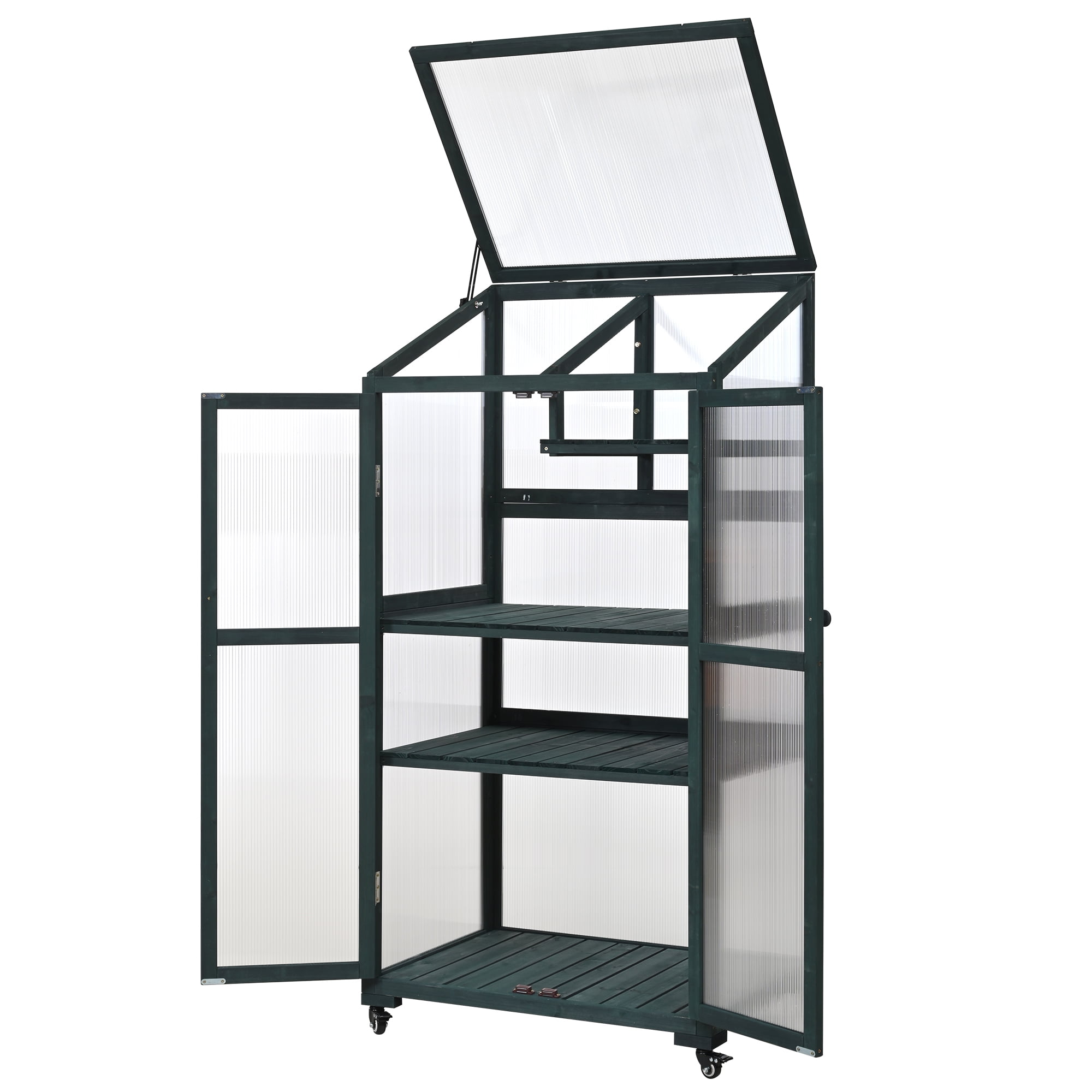 Harper & Bright Designs Wood Cold Frame for Garden with Movable Wheels, Outdoor Greenhouse with Openable Roof and Adjustable Shelves, Green