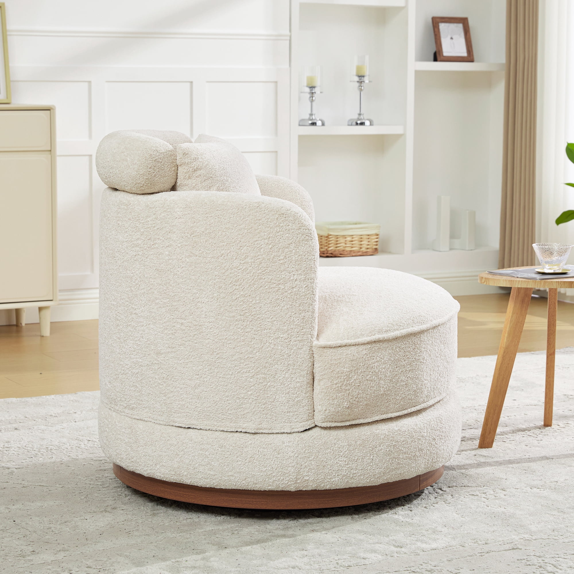 Leumius 360°Swivel Barrel Chair with 1 Plump Pillow and a Circular Wooden Base Ring, Round Chair with Removable Cushion for Living Room Bedroom Apartment,Beige