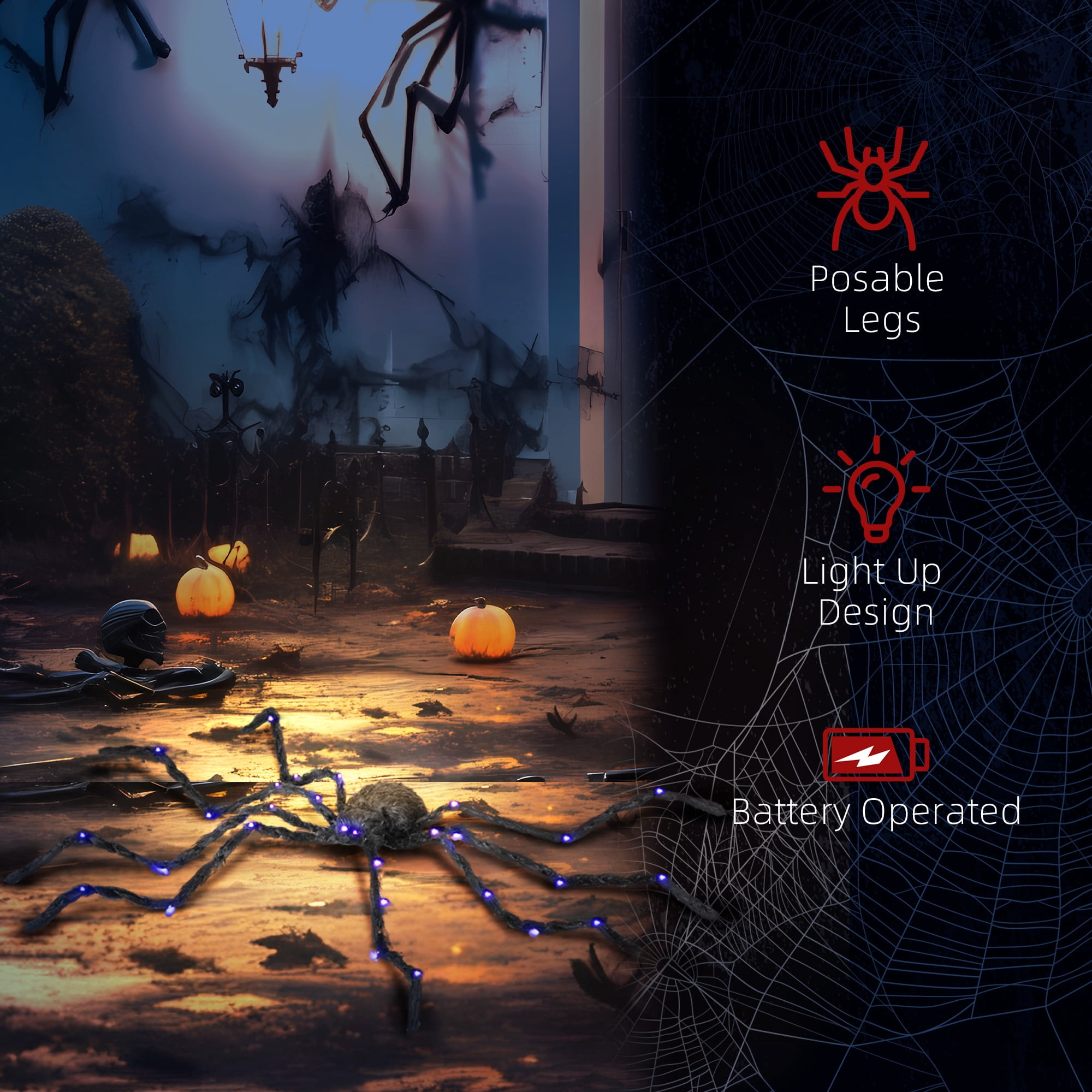 Alvantor Halloween Prop Light-up Oversized Spider Outdoor Halloween Decorations with Light Up Bendable Legs