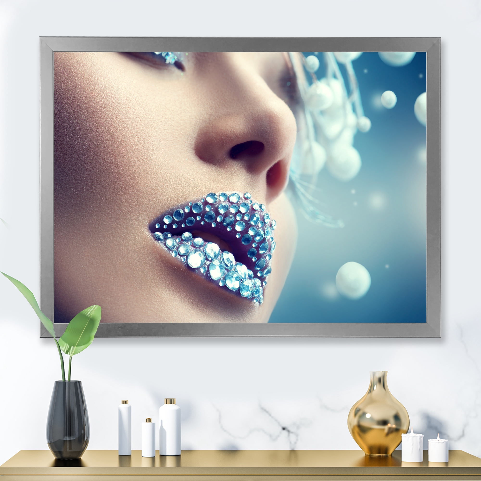 Designart 'Close-Up Of Gems On Female Lips' Modern Framed Art Print