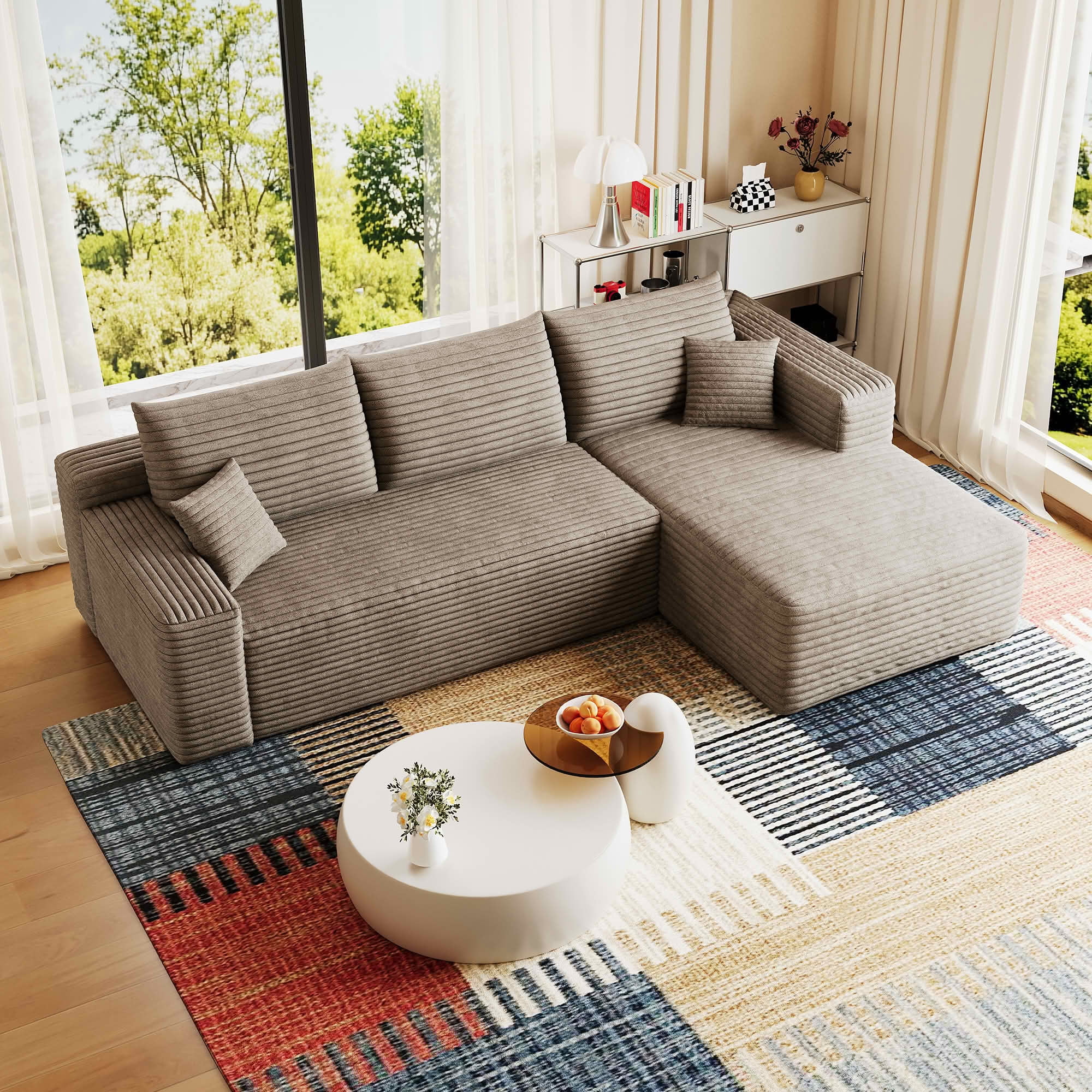 MAYEERTY 95 Inch L‑Shaped Cloud Sectional Sofa, Modern Minimalist Deep‑Seat Corner Couch, Plush Corduroy Upholstered Reversible Sofa, No‑Assembly Required for Living Room Bedroom Apartment