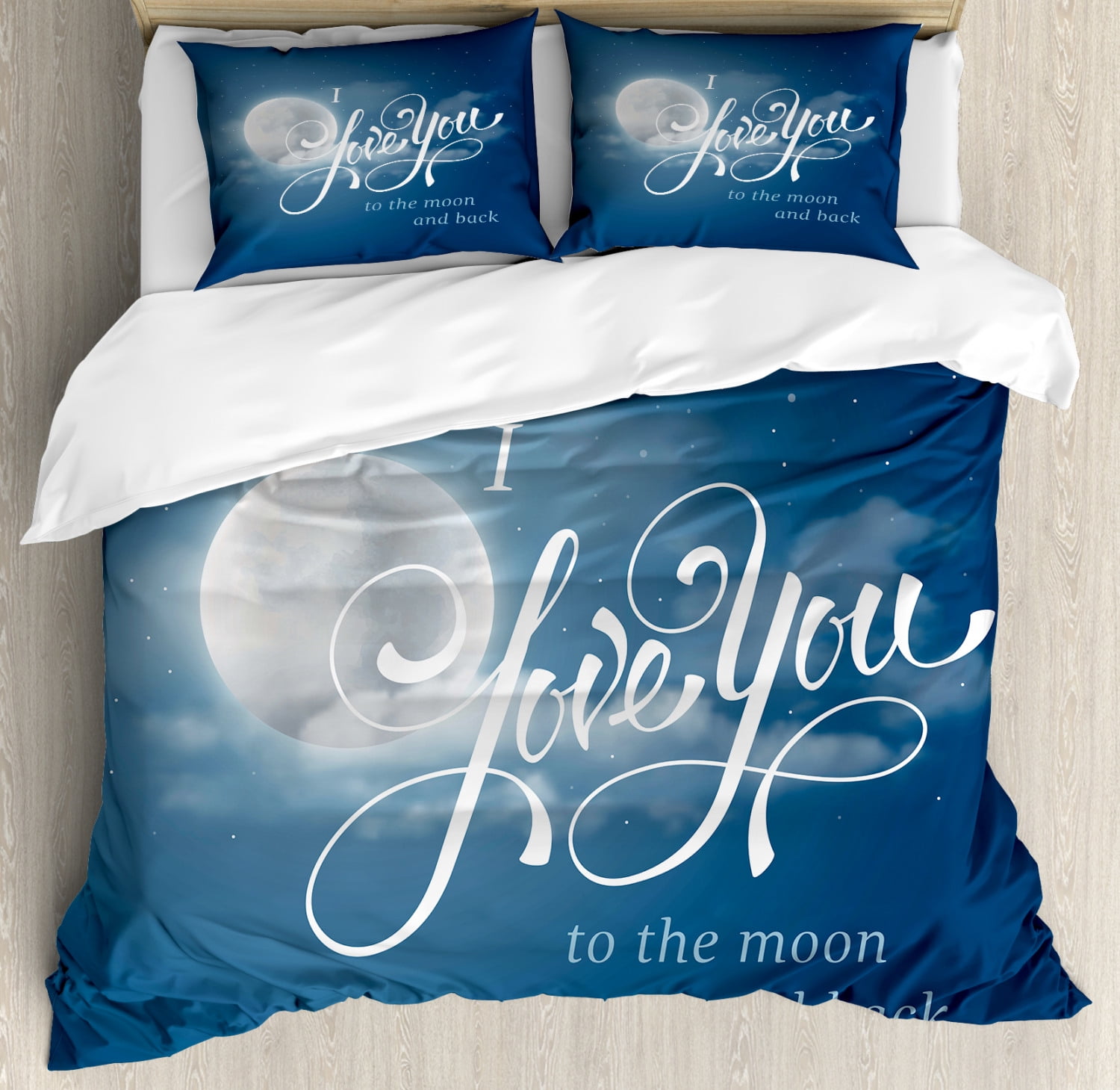I Love You Duvet Cover Set King Size, Night Sky with Full Moon between