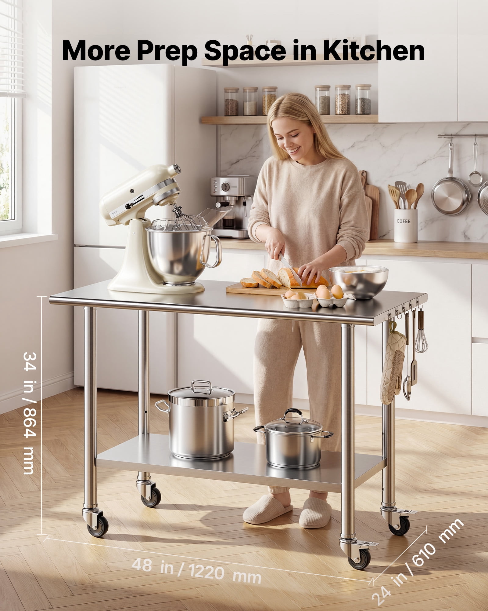VEVOR Stainless Steel Work Table, 24x48 inch Food Prep Table with Wheels and Backsplash, Commercial Kitchen Workstation with Adjustable Undershelf, Metal Utility Worktable, for Restaurant Home