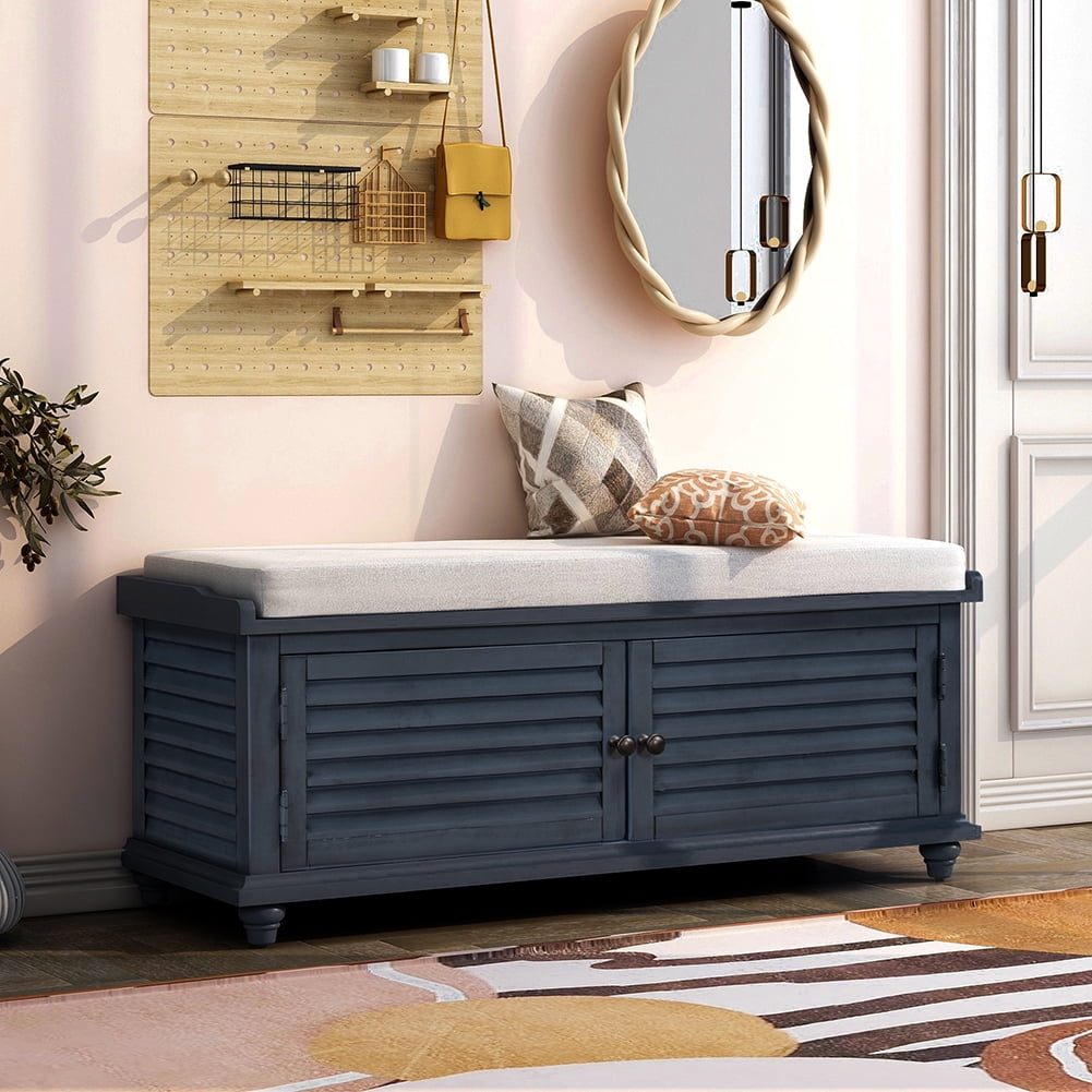 Lowestbest Storage Bench with Removable Cushion, Louver Design Wooden Shoe Bench for Entryway Living Room Bedroom (Navy Blue) Lowestbest Storage Bench with Removable Cushion, Louver Design Wooden Shoe Bench for Entryway Living Room Bedroom (Navy Blue)