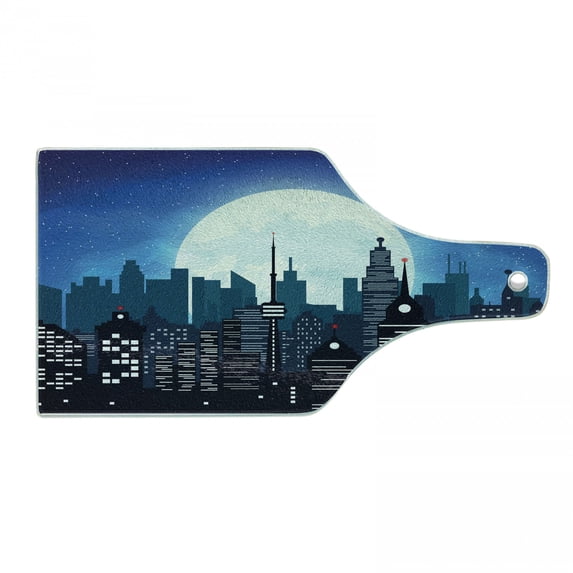 City Cutting Board, Silhouette Cityscape Under Night Sky with Full Moon Urban Architecture Modern Capital, Decorative Tempered Glass Cutting and Serving Board, in 3 Sizes, by Ambesonne