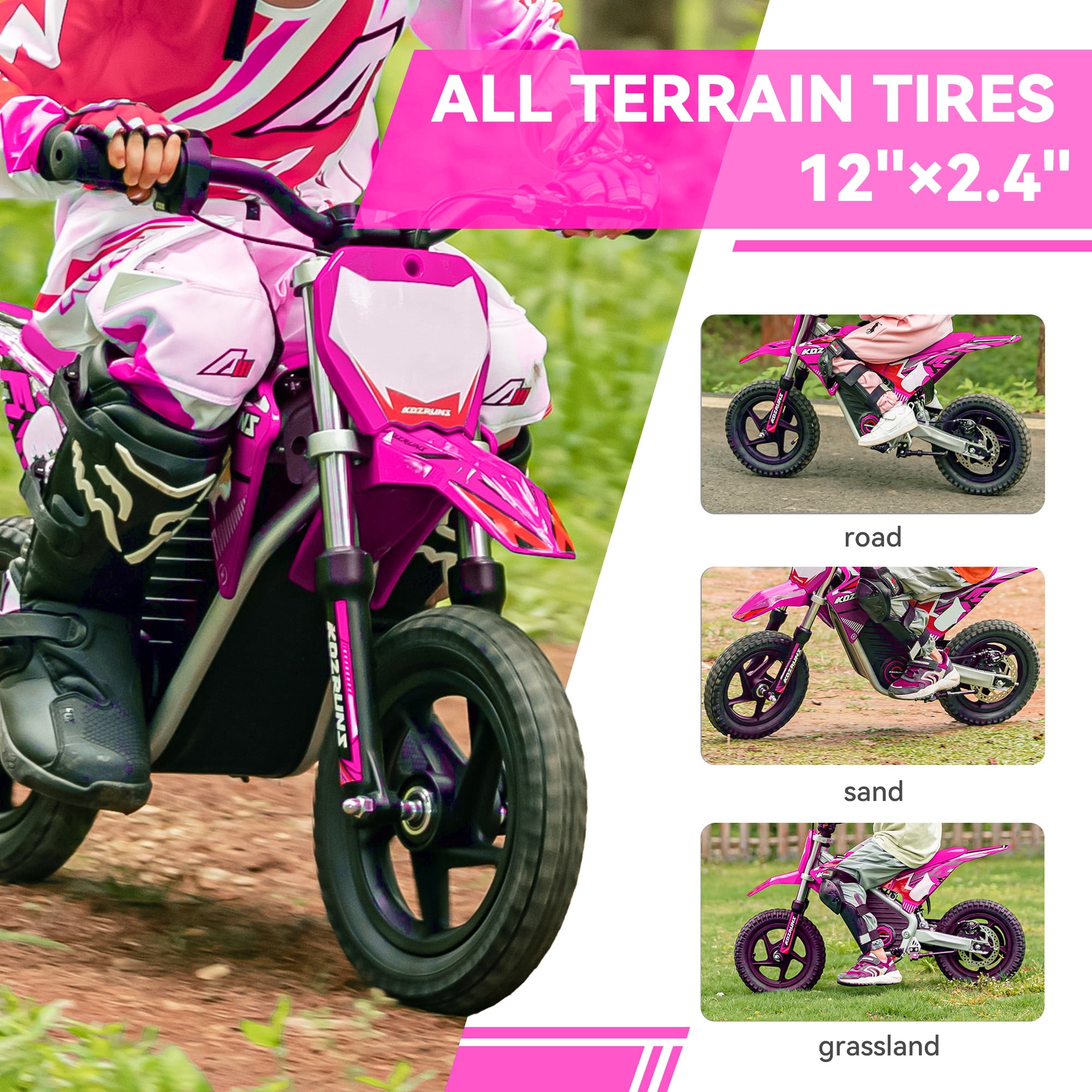 Electric Dirt Bike for Kids, Powerful Motorcycle for Ages 3-6, 24V 2.6Ah Lithium Battery, Dual Shock Absorption, 2 Speed Modes, Safe Disc Brake, 12Inch Off Road Tires Pink