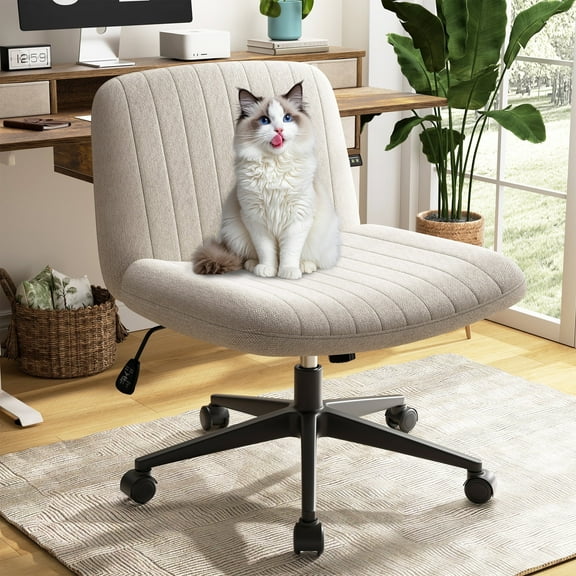 Walsunny Criss Cross Legged Home Office Vanity Desk Chair with Back & Wide Seat Armless with Wheels Swivel Padded Fabric Chair, White