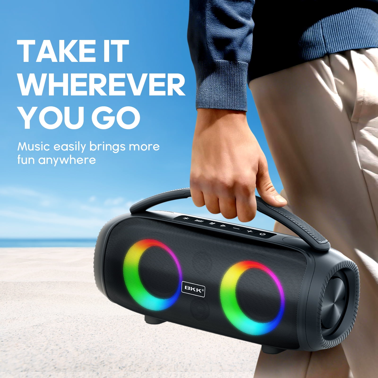 Vebreda Waterproof Bluetooth Speaker, 40W Stereo Portable Wireless Speaker with DJ Lights for Beach, Party, Black