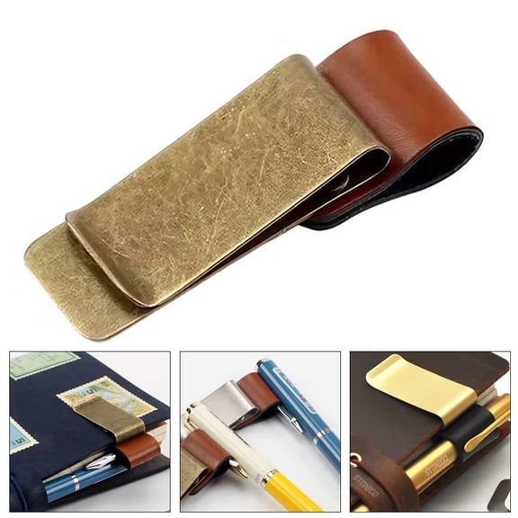 STONEGO Handmade Leather and Brass Pen Holder Clip - Stainless Steel Paper Folder for Journals, Notebooks, and Writing - Elegant Office Supplies for Organized and Stylish Note-Taking