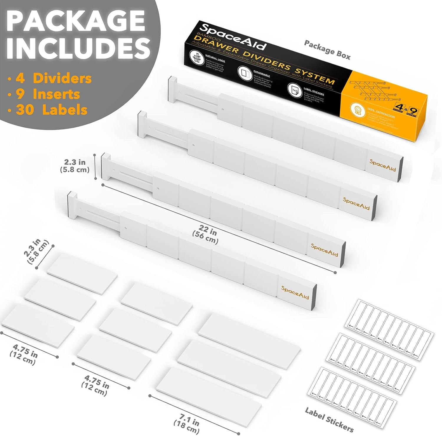 SpaceAid Bamboo Kitchen Organizer Drawer Dividers, Expandable(17-22 in), 17"L x 0.6"W x 2.6"H, White