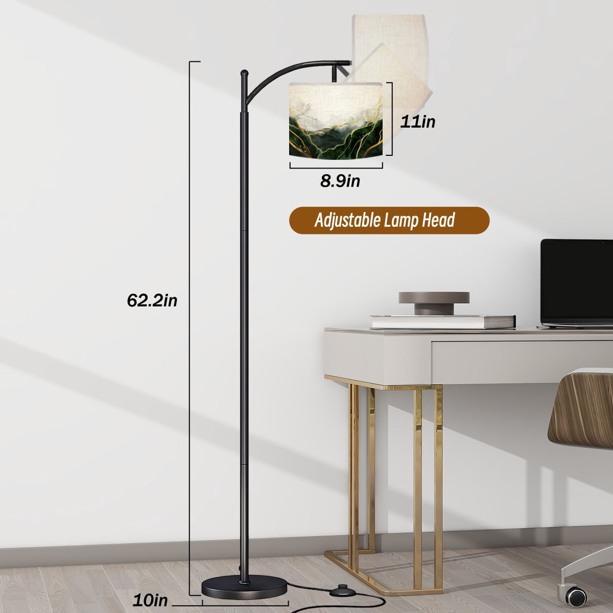 Arc Floor Lamps Watercolor drawn by brush Green paints spilled paper Golden shiny Modern LED Adjustable Lampshade Standing Light for Living Room Reading Bedroom Office
