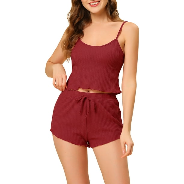 Conjuntos de pijama para mujer INSPIRE CHIC, camisetas de punto con pantalones cortos, 2 piezas, ropa de descanso y sueño, XL, roja