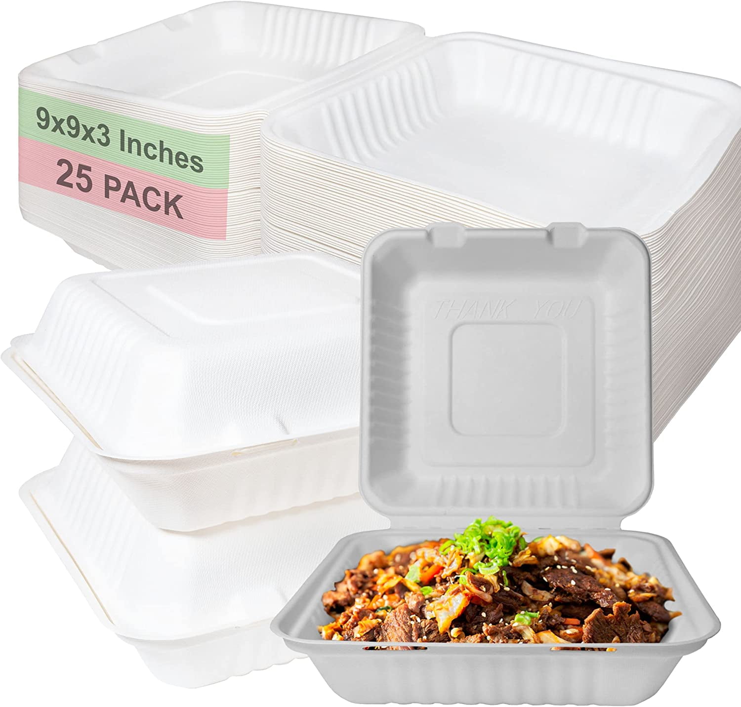 Vezee Eco Friendly Microwavable , Mineral Filled Recyclable Biodegradable 9x6 Take Out Food Containers with Clamshell Hinged Lid | To-Go, Resturant