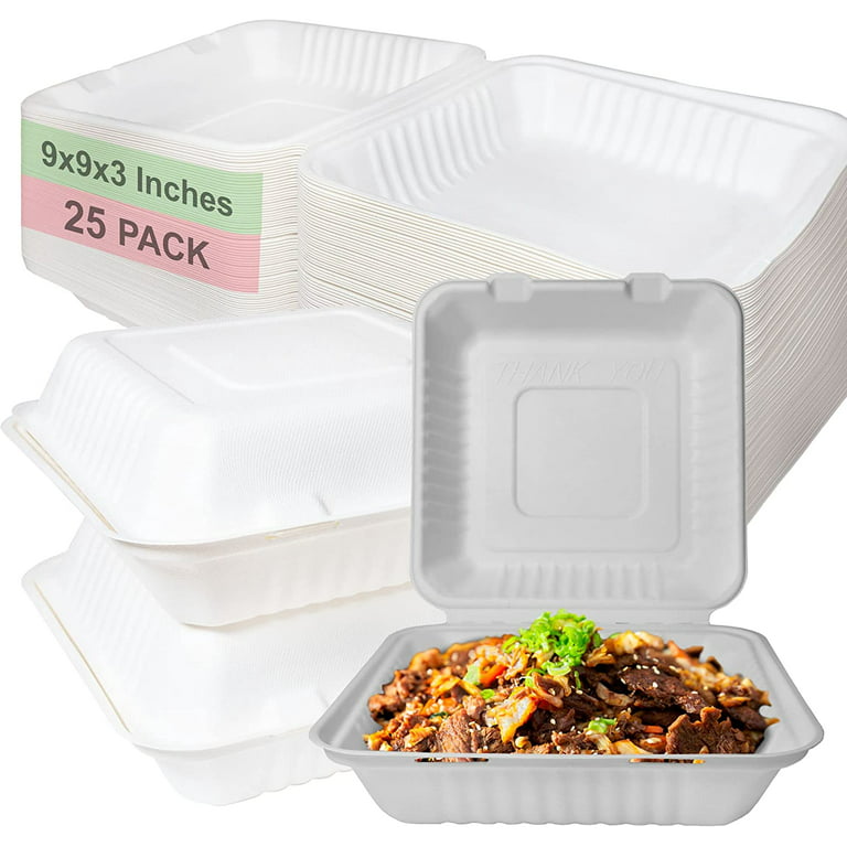 Compostable Square Hinged Clamshell Take Out Food Containers 9x9x3