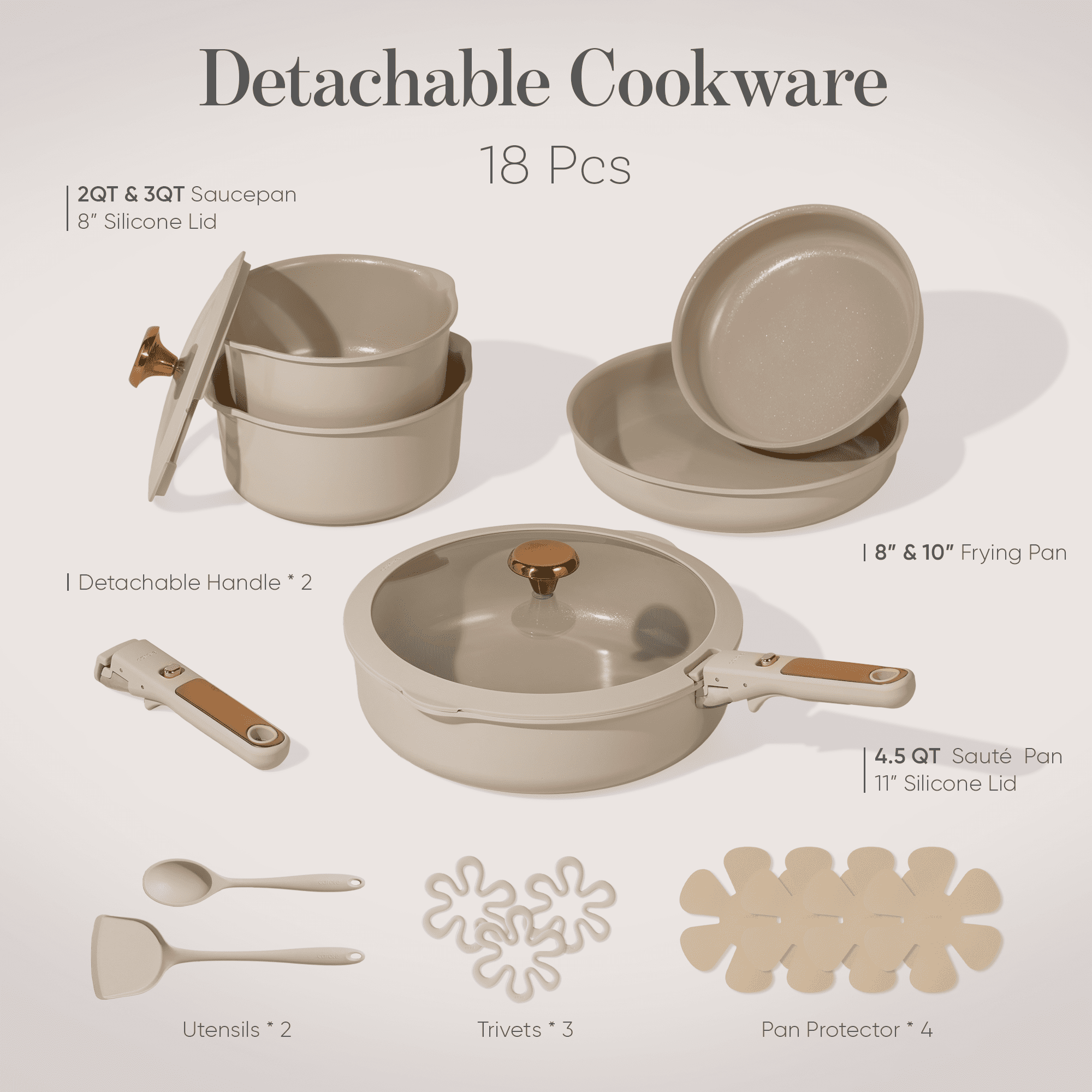 Carote 18 Pcs Ceramic Cookware Sets, Nonstick Pots and Pans with Detachable Handles, Oven Safe, Induction Cookware, Stackable Kitchen Set, Taupe