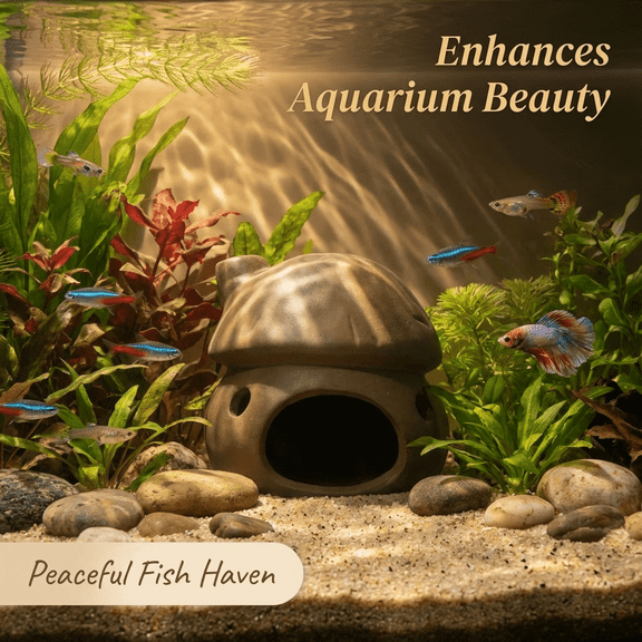 Ceramic Mushroom House Aquarium Decor, Cute Cave Hideout for Shrimp, Shy Fish & Fry with Weighted Base