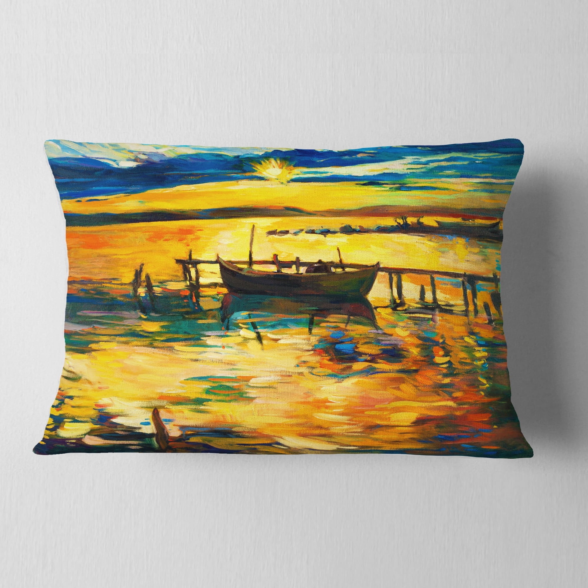 Designart Boat and Pier in Yellow Shade - Seascape Throw Pillow - 12x20