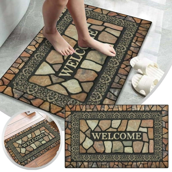 Stone Pattern Welcome Doormat Flannel Carpet For Living Room And Bedroom Non Slip Decorative Rug Floor Mat
