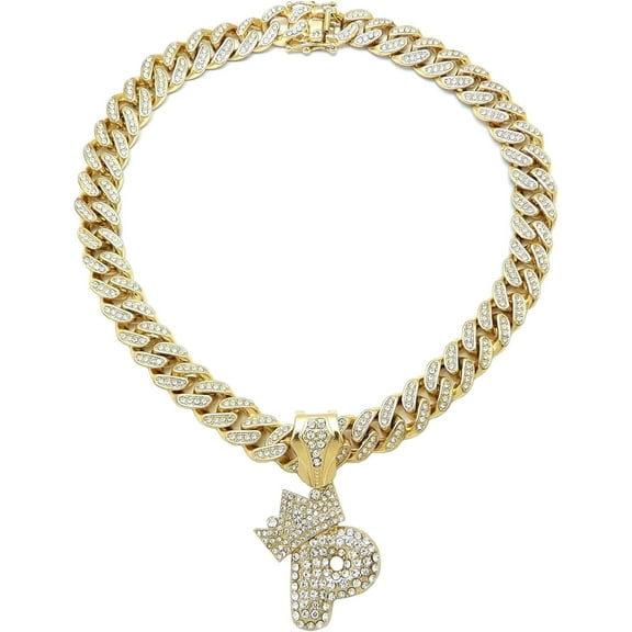 Hip Hop Gold Plated Cubic Zirconia Bubble Alphabet Initial " P " Pendant & 12mm 20" Iced Cuban Box Lock Chain Necklace Set