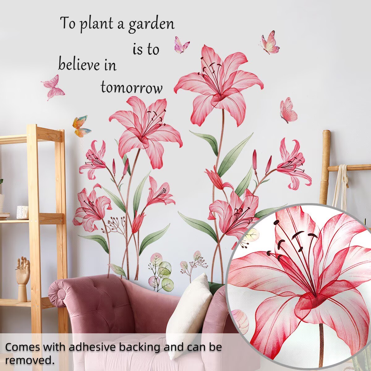 Large Lily Flower Wall Decals Pink Floral Butterfly DIY Peel and Stick Wall Stickers for Girls Bedroom Nursery Living Room Decor