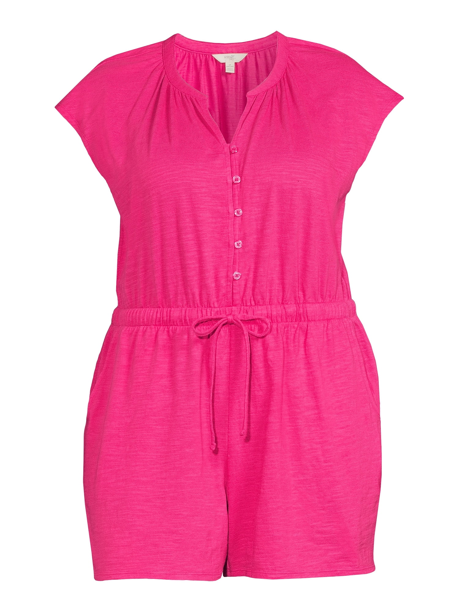 Terra & Sky Women's Plus Size Button-Front Knit Romper, 5" Inseam