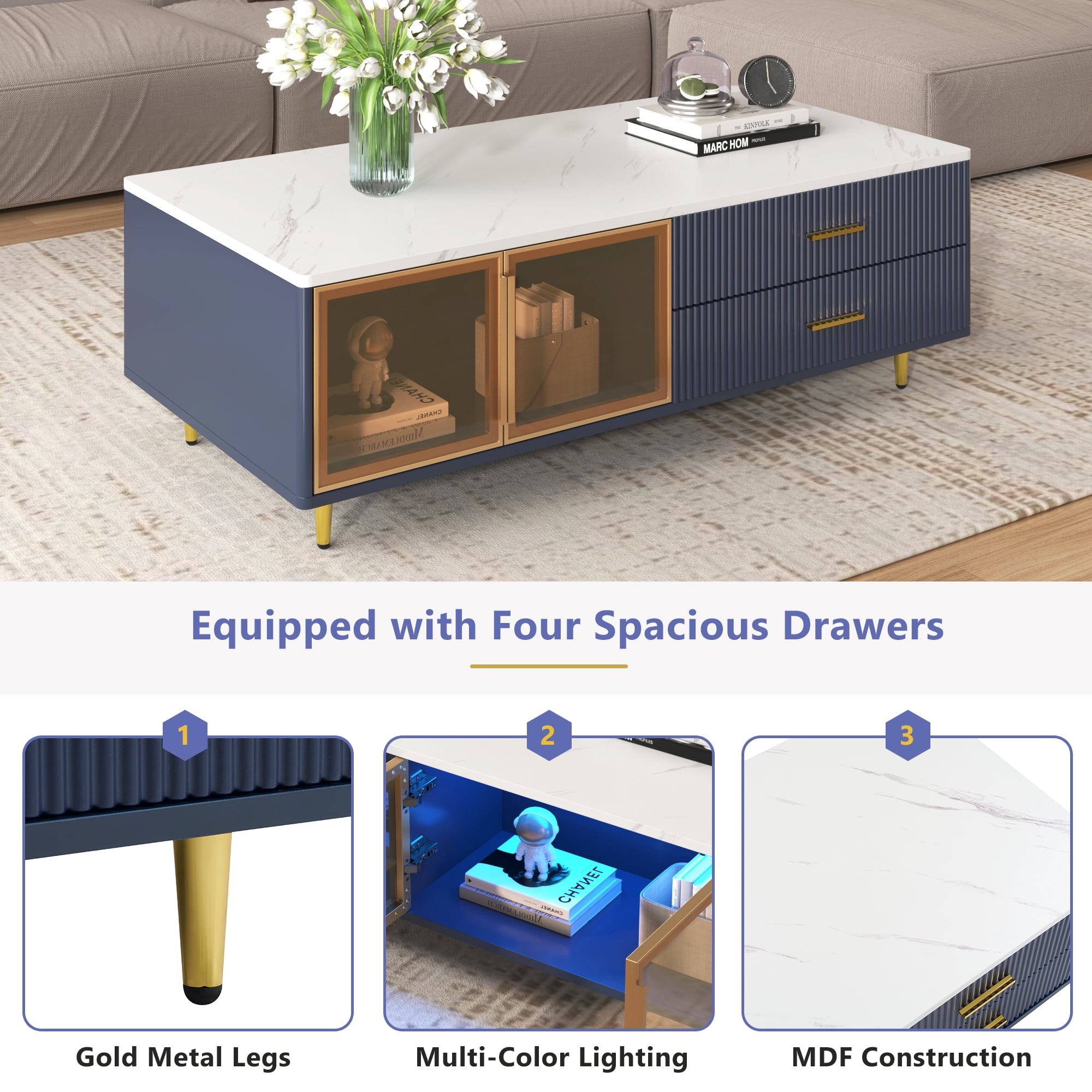 TesNus 47.2" Navy Blue Coffee Table with 2 Glass Doors, 4 Drawers and Multi-Color Lighting for Living Room