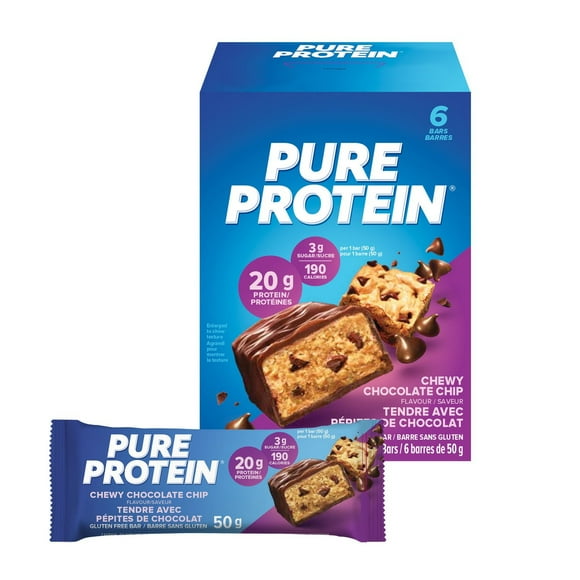 Pure Protein Chewy Chocolate Chip Bars - 20 g Protein, Low Sugar, Gluten Free Snack with Whey Blend, Made in Canada, 6 x 50 g, Chewy chocolate chip bar