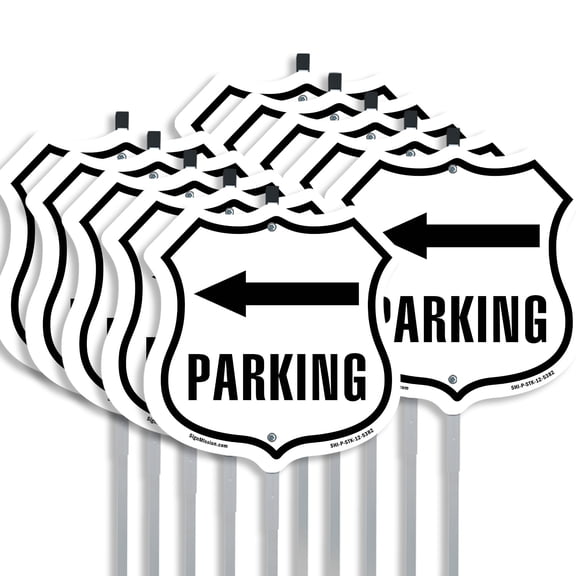 Parking Left (10 Pack) 12 inch X 12 inch Shield Shaped Rust-Free Aluminum Metal Signs with Aluminum Mounting Stakes Weather Resistant Made in the USA