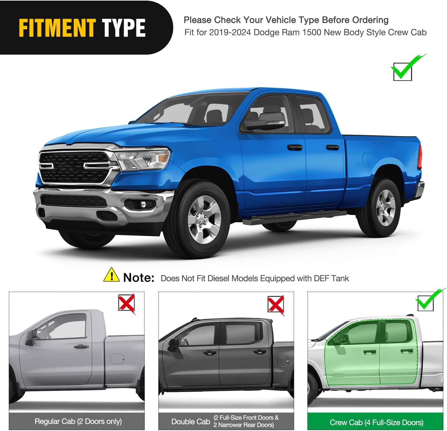 Nilight Running Boards for 2019 2020 2021 2022 2023 2024 2025 Dodge Ram 1500 New Body Style Crew Cab 4 Full Size Doors 6 Inch Side Step Nerf Bars Black
