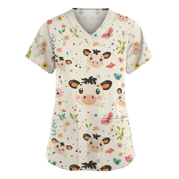 Junboys Scrubs for Women Short Sleeve - V-Neck Cute Cartoon Print Pocket Top, Womens Scrub Tops, Cozy Fit Scrubs for Nurses, Lightweight,Beige L