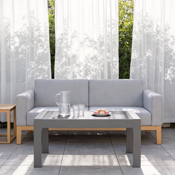 KIOOTTO 43 in Outdoor Coffee Table with WPC Slatted Top, Gray Aluminum Frame