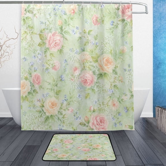 TTYFWHD 60" x 72" Shower Curtain and Bath Mat Set Cute Green Floral Print Waterproof Bathroom Curtain with 12 Hooks, Bathroom Decor Set