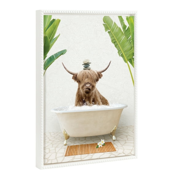 Kate and Laurel Sylvie Beaded Highland Cow and Stacked Rocks Bali Bath Vintage Framed Canvas Wall Art by Amy Peterson, 18x24 White, Cute Cow Bathtub Art for Wall