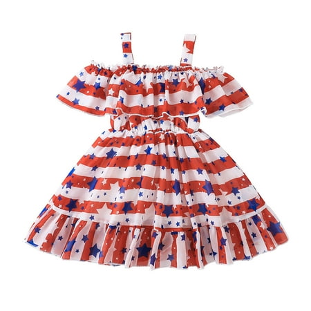 

ZHAGHMIN Girls Maxi Dress Casual Toddler Girls Sleeveless Independence Day Striped Printed Dress 4Th Of July Kids Ruffles Princess Dresses Cotton Dress for Baby Girl Dot Dress for Girls Three Year O
