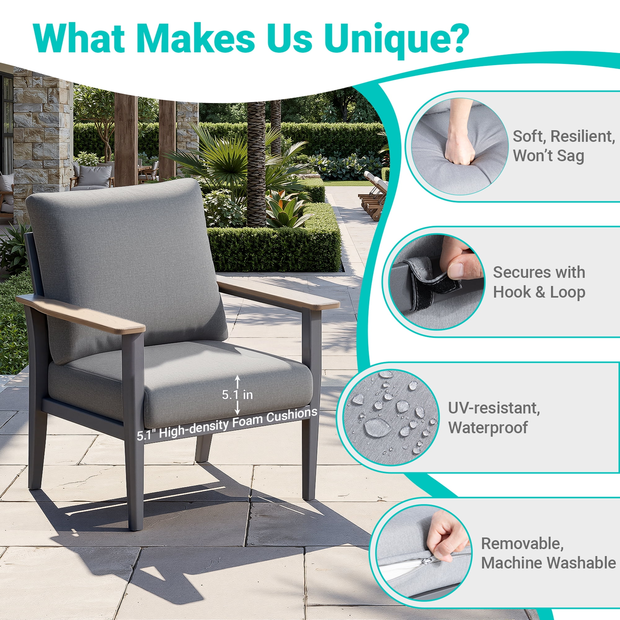 Muphyers 5 Piece Aluminum Patio Furniture Set, with 55000 BTU Propane Fire Pit Table, 5.1" Thick Cushions, Outdoor Conversation Sofa Set for Backyard Garden Deck,Gray