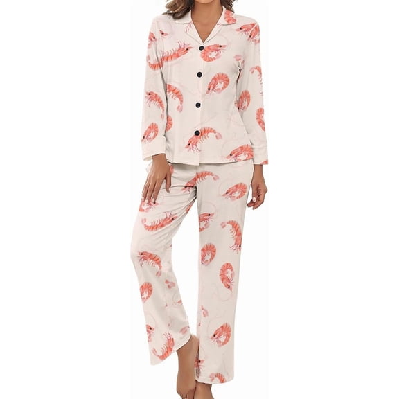 Top-kevin Pajama Sets for Womens Pink Prawn Pattern Loose Button Down Long Sleeve Shirts And Pants Set