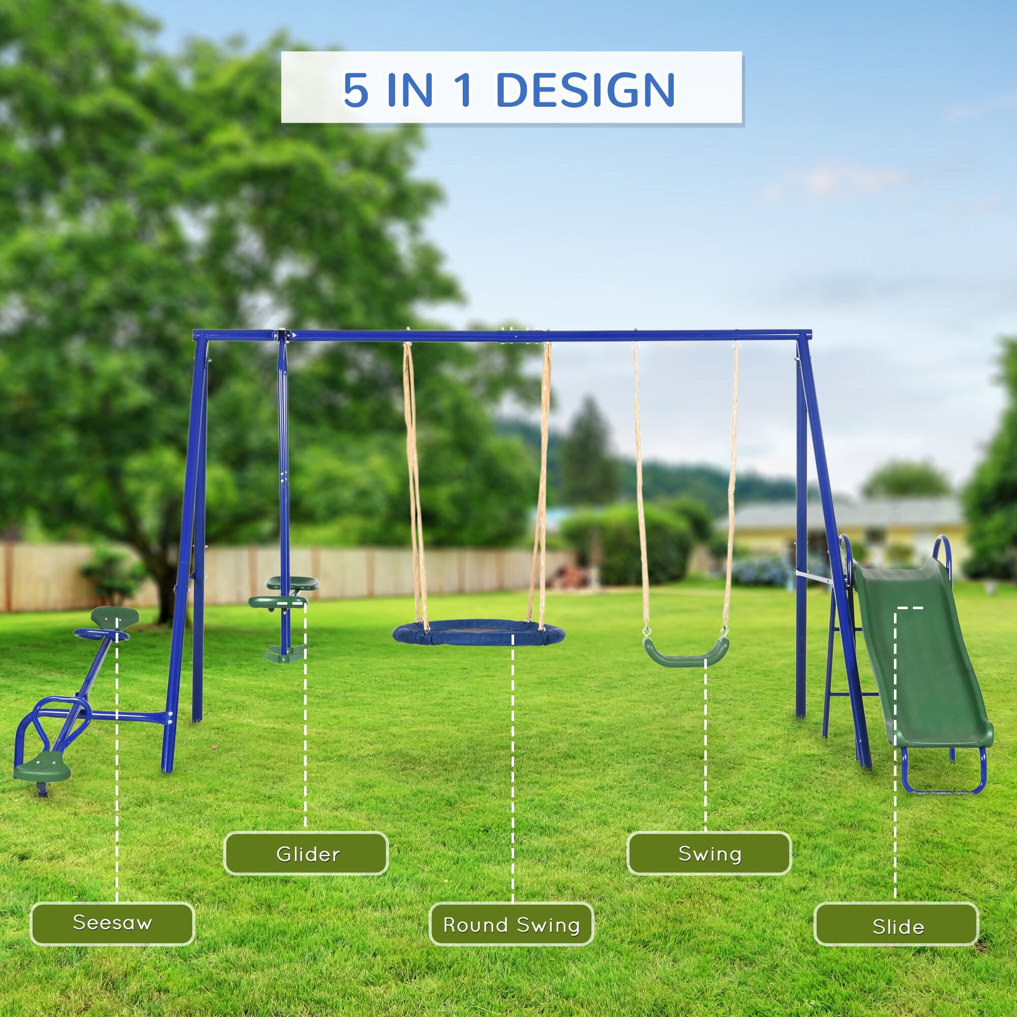 5-in-1 Heavy Duty Swing Set for Backyard, 616LB Capacity Outdoor Playset with Slide, Seesaw, Saucer Swing & Glider, Blue Steel A-Frame Kids Playset