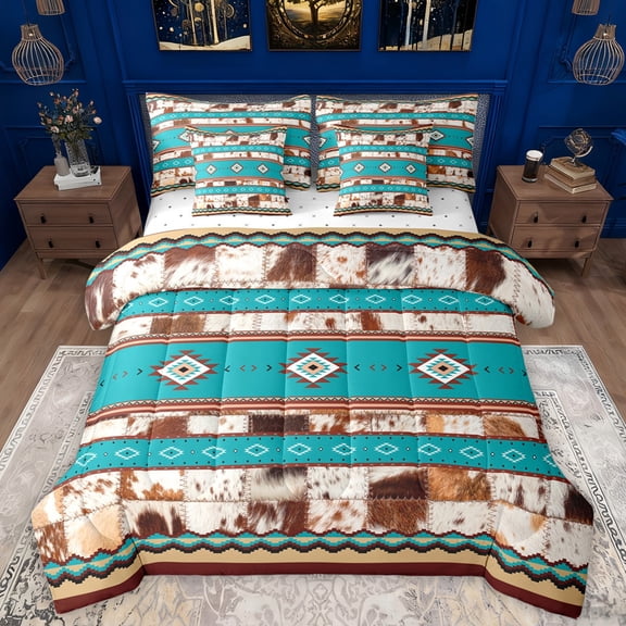 Manfei Rustic Western Aztec 7-Piece Twin Bedding Sets,Country Farmhouse Lodge Bedding Comforter Set,Cyan Brown Sheet Sets For Men Women,Breathable Home Decor Reversible