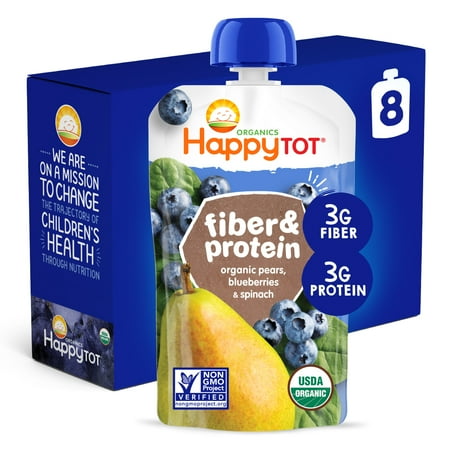 Happy Tot Organics Fiber & Protein Stage 4  Pears Blueberries & Spinach Organic Tot Food  4 oz Pouch (8 pack)