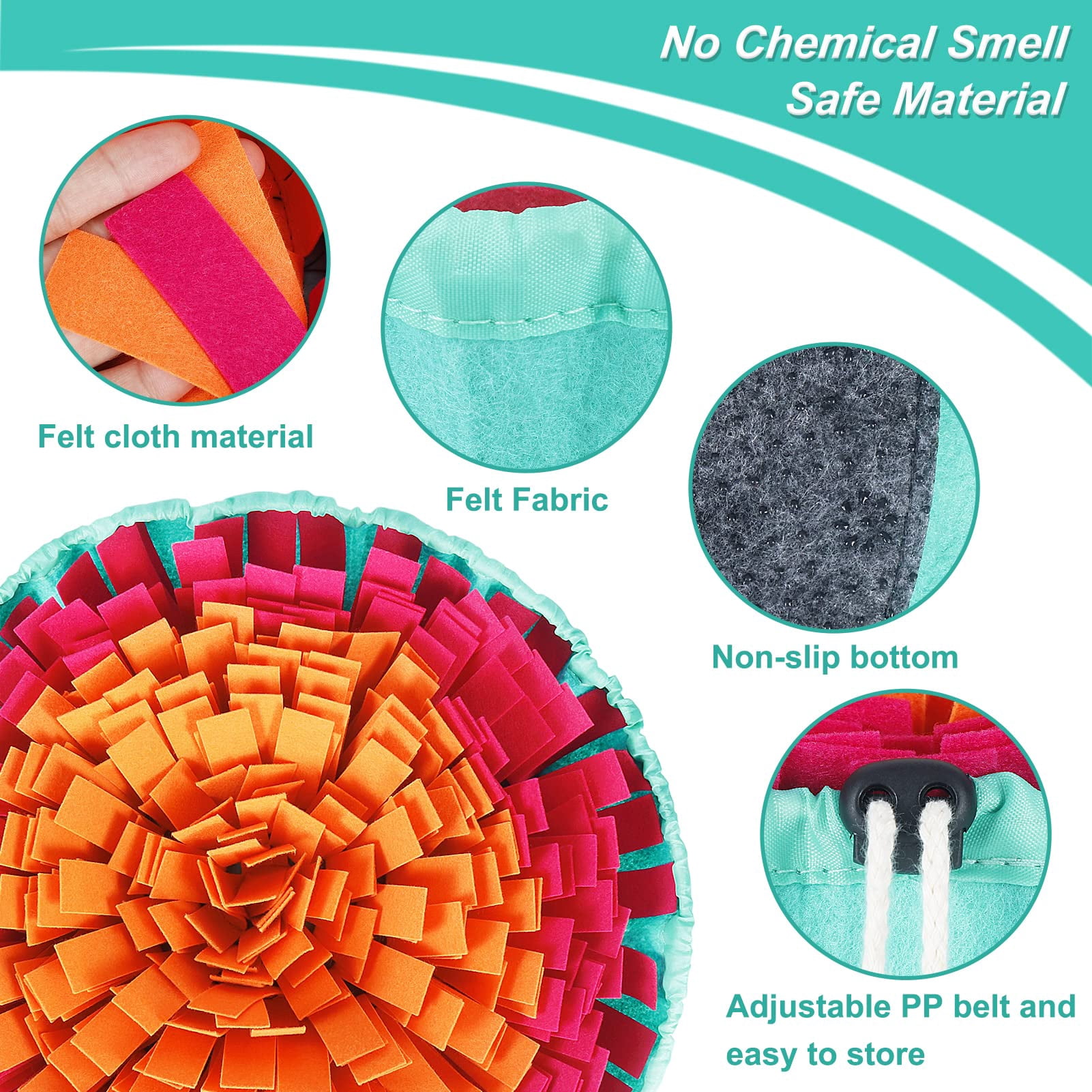Snuffle mat for dogs, interactie dog puzzle toy for slow feeding and mental stimulation, foraging mat to reduce anxiety and boredom, durable felt fabric with adjustable non-slip base, multicolor