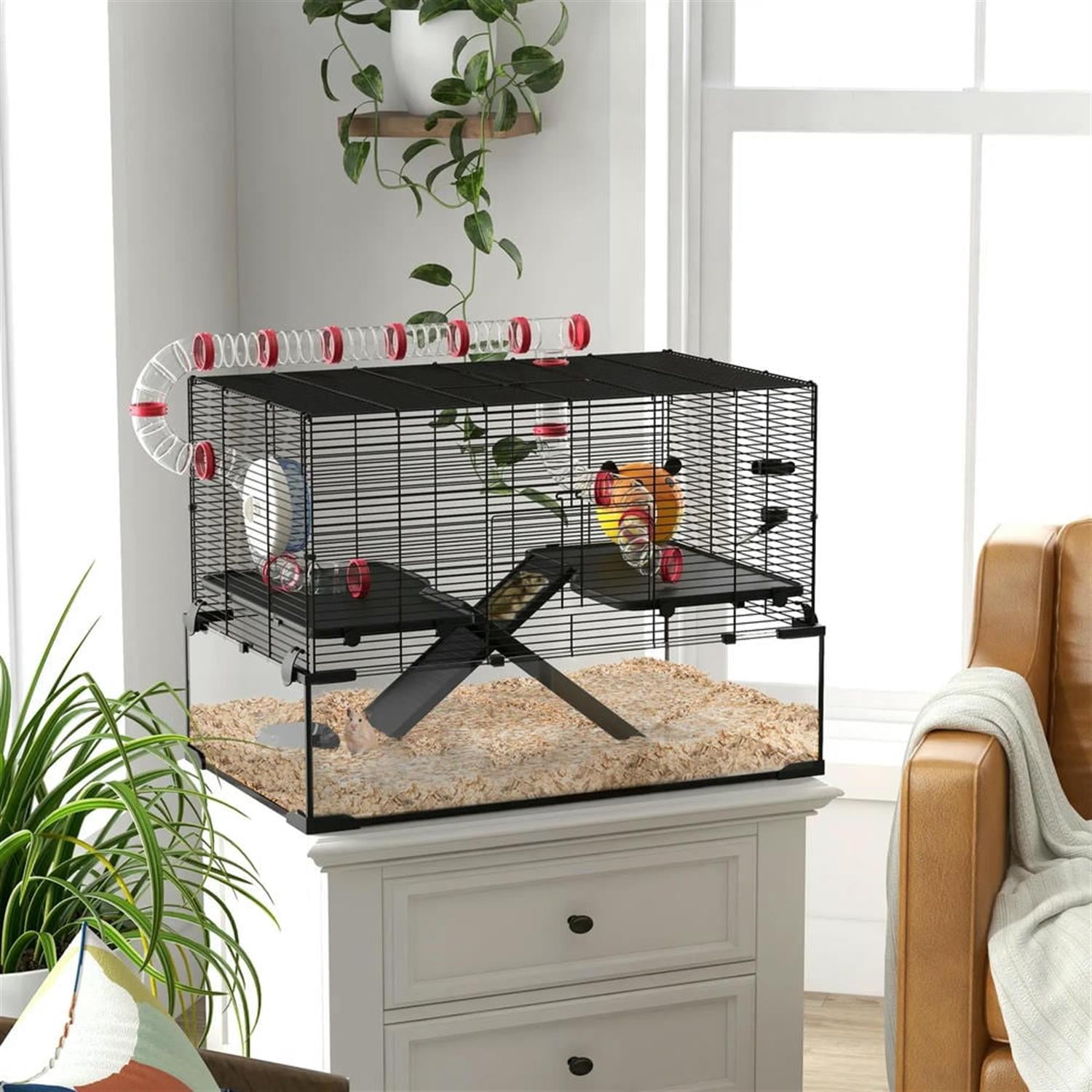 Kadyn 31" Hamster Cage, Gerbil Cage with Glass Basin, Tube and Tunnel for Small Hamsters, 2 Levels Small Animal Habitats, Black