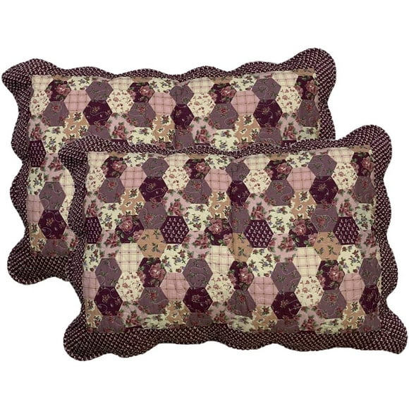 2-Piece Boho Cotton Quilted Bed Pillow Shams Floral Printed Patchwork Pillow Shams Set, Standard Size (308 Purple Red, 20"x28")
