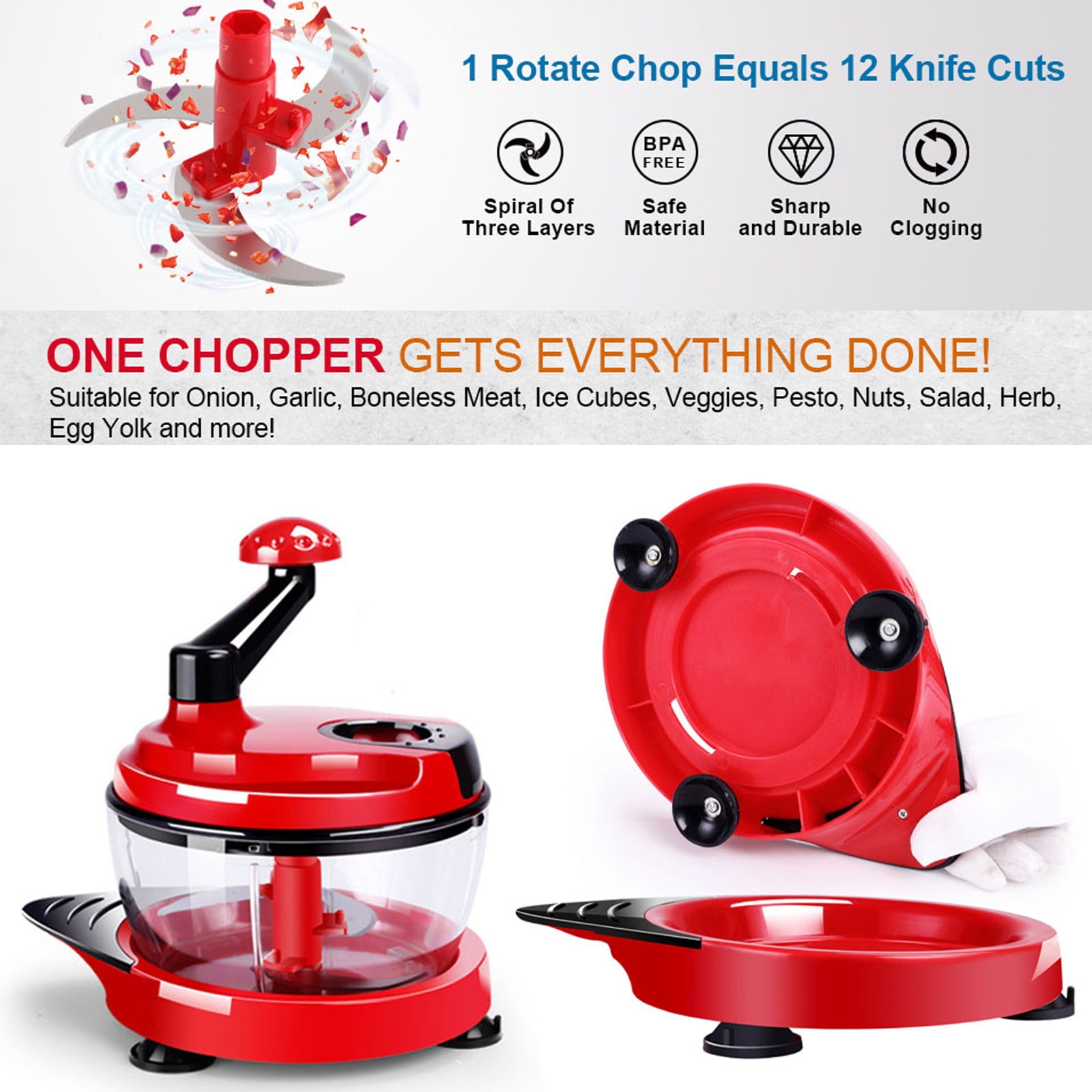 OhhGo Multi-Functional Manual Food Processor, 8 Cup Hand-powered Crank Chopper, Homemade Mincer Blender with Clear Container, for Vegetables Meat Fruits Nuts Herbs Onions (With Base), Red