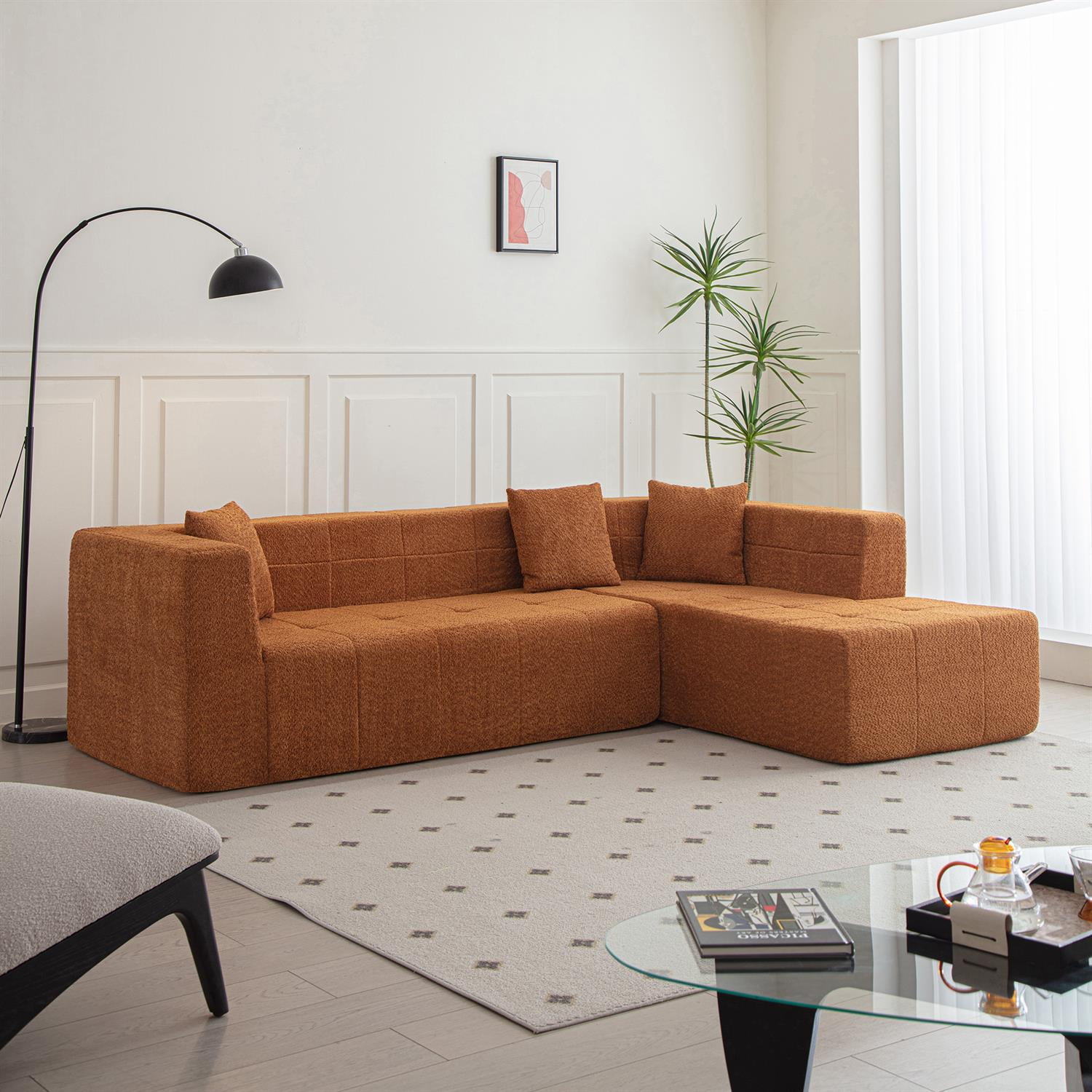 Demi Bonn 105" L-Shaped Modular Sectional Sofa Set with Chaise, Deep Seat Tufted Floor Couch for Living Room Decor, Orange