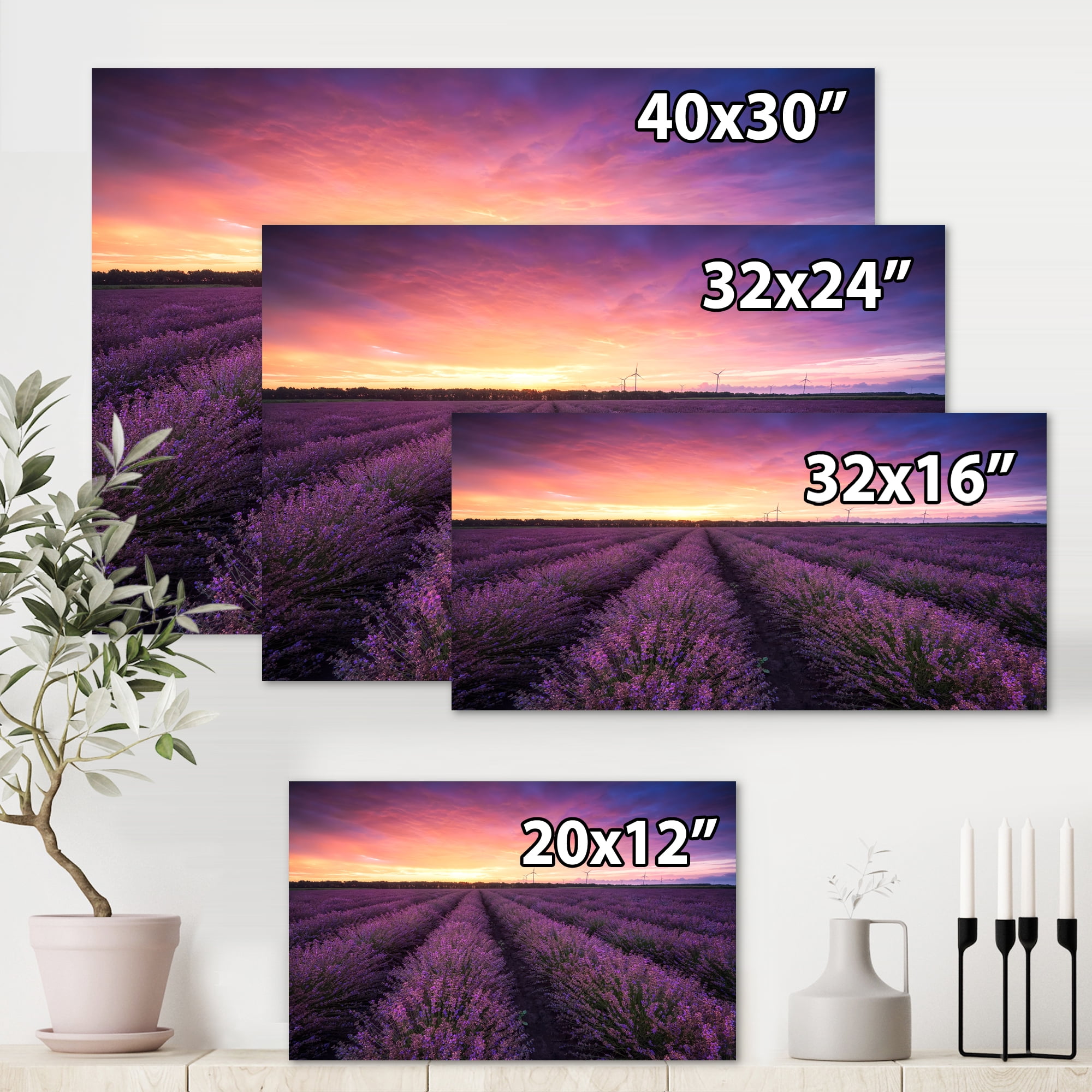 Designart ' Dramatic Clouds and Sunrise Over Lavender Field XIII ' Farmhouse Canvas Wall Art Print