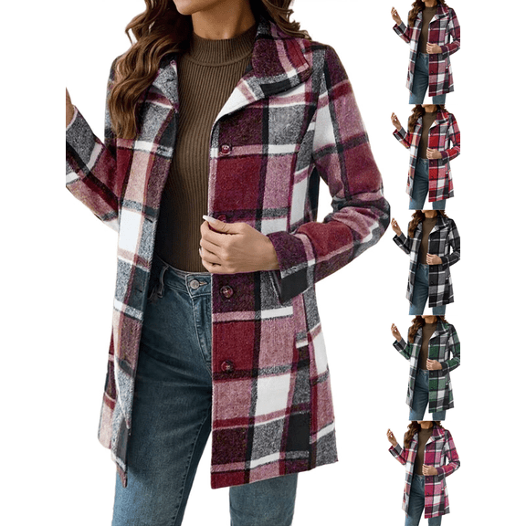 Xdegoge Womens Plaid Long Coat Button Down Trench Shacket Lapel Collar Fall Winter Casual Overcoat Vintage Tartan Pea Coat Warm Outerwear with Pockets