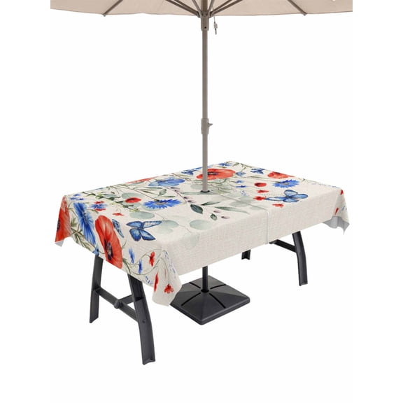 Outdoor Tablecloth with Umbrella Hole for Patio/Picnic/Party/Camping, Red Blue Flowers Waterproof Table Cloth Rectangle Table Cover Washable, Spring Floral Farmhouse Botanical Rustic (54"x 80")